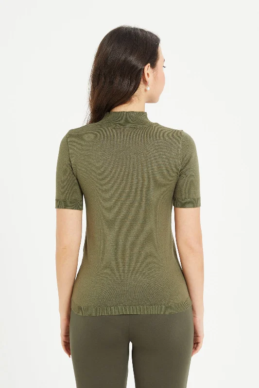 Women Olive High Neck Pullover