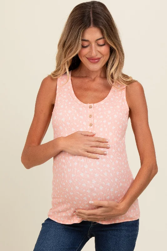 Peach Floral Ribbed Henley Maternity Tank Top