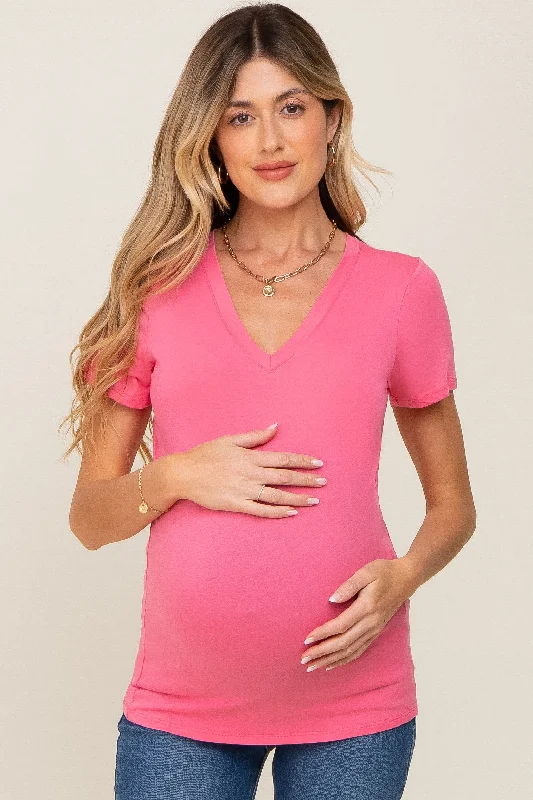 Pink Basic V-Neck Maternity Tee