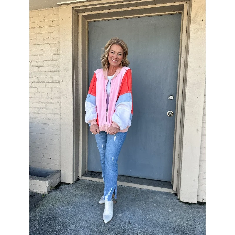 Pink Contrast Colorblock Zip Up Jacket