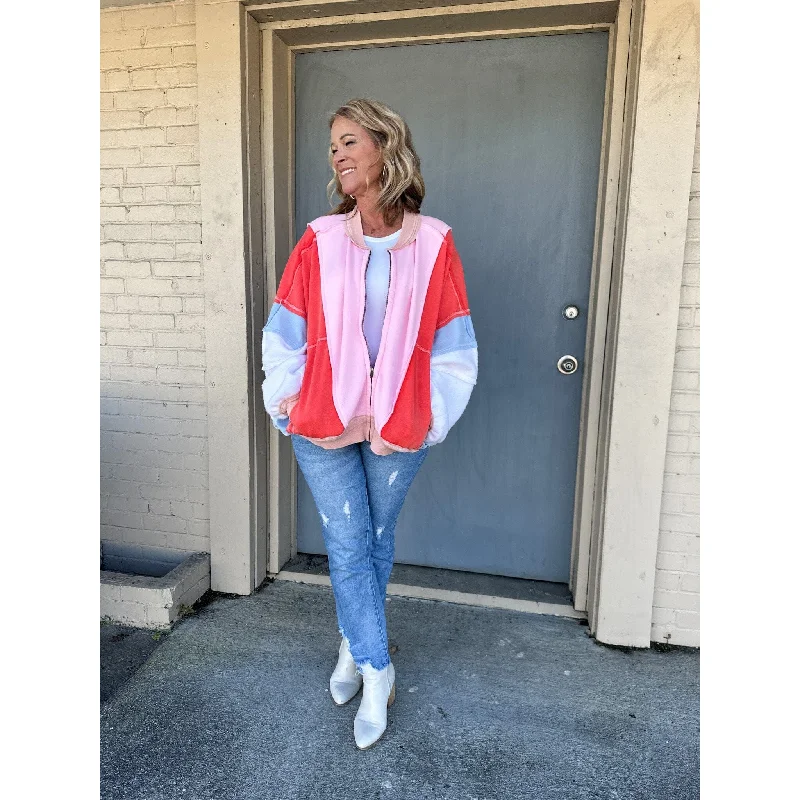 Pink Contrast Colorblock Zip Up Jacket