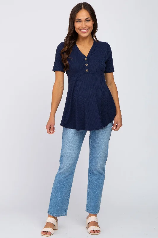 PinkBlush Navy Ribbed Button Accent Maternity Blouse