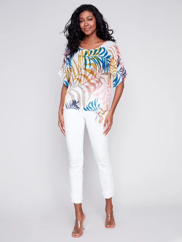 Printed Cotton Gauze Blouse with Side Tie - Leaf