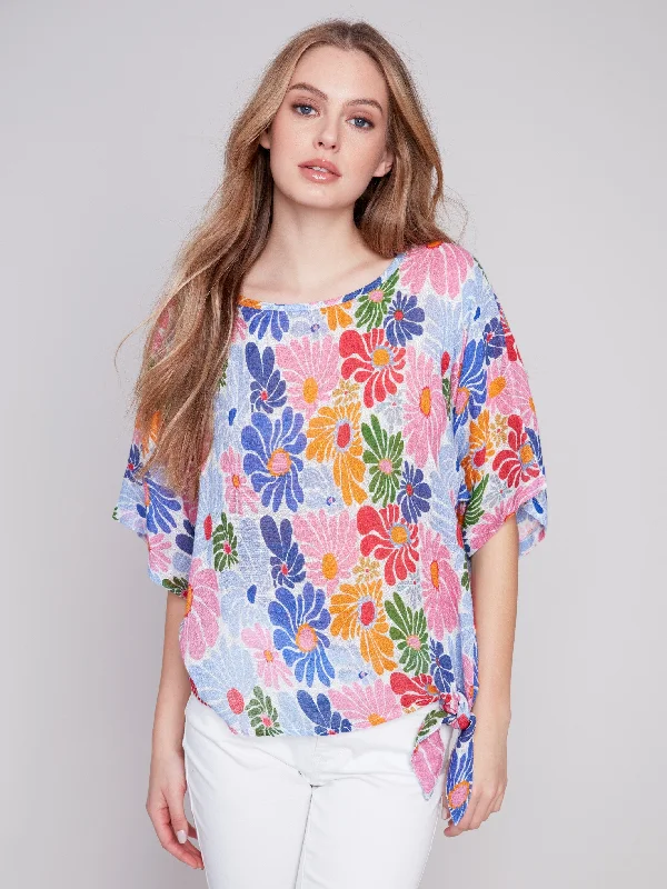 Printed Cotton Gauze Blouse with Side Tie - Multicolor