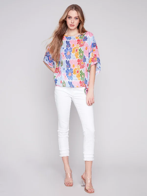 Printed Cotton Gauze Blouse with Side Tie - Multicolor