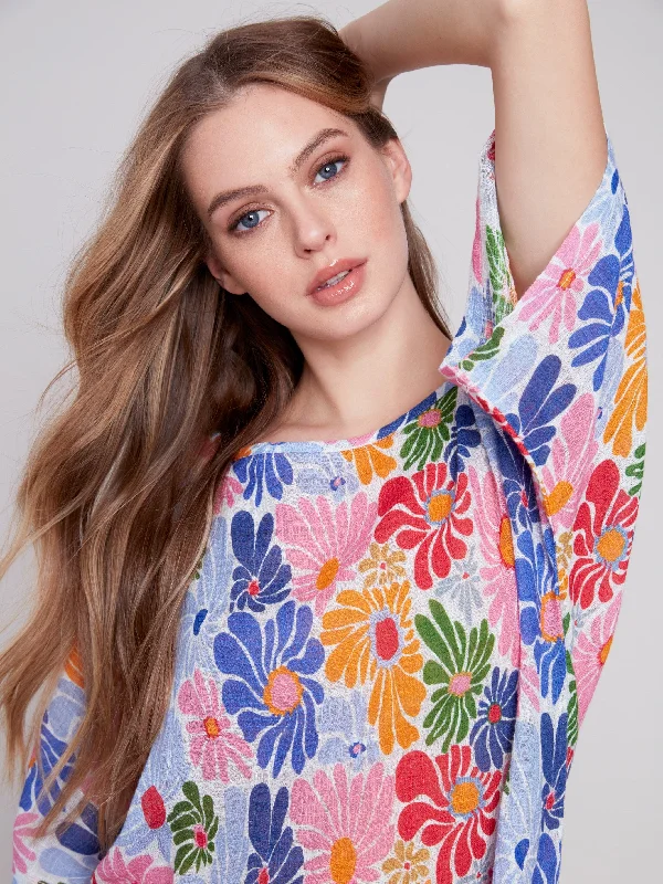 Printed Cotton Gauze Blouse with Side Tie - Multicolor