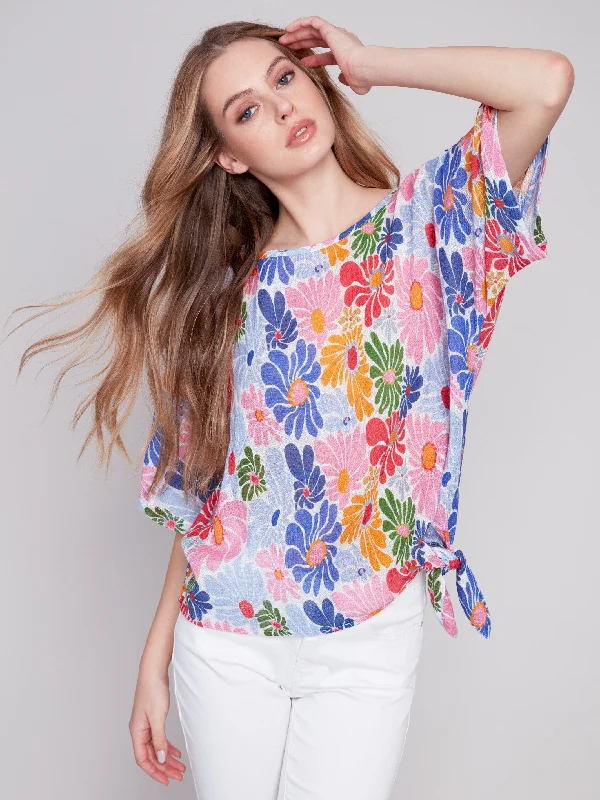 Printed Cotton Gauze Blouse with Side Tie - Multicolor