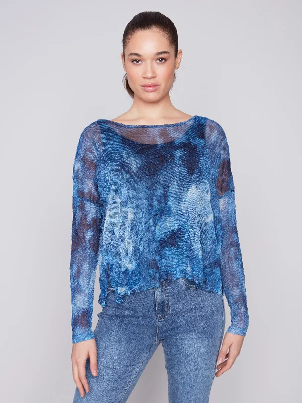 Printed Crinkle Mesh Top - Denim