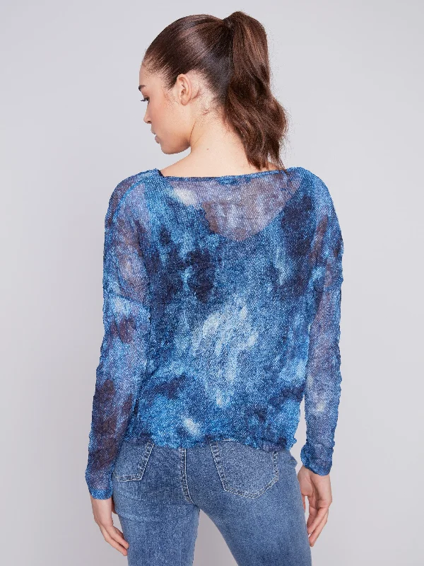 Printed Crinkle Mesh Top - Denim