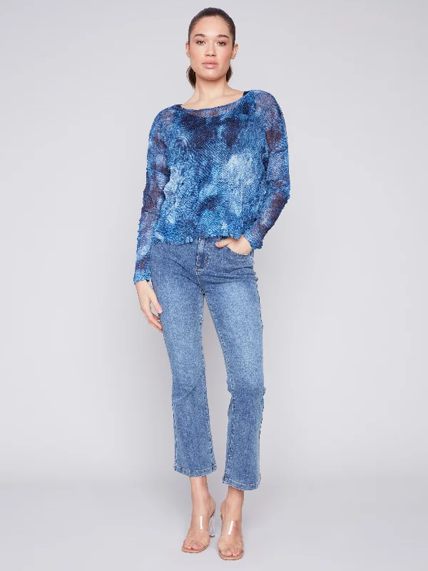 Printed Crinkle Mesh Top - Denim