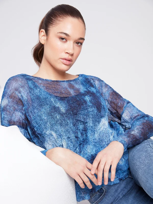 Printed Crinkle Mesh Top - Denim