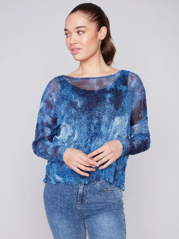 Printed Crinkle Mesh Top - Denim