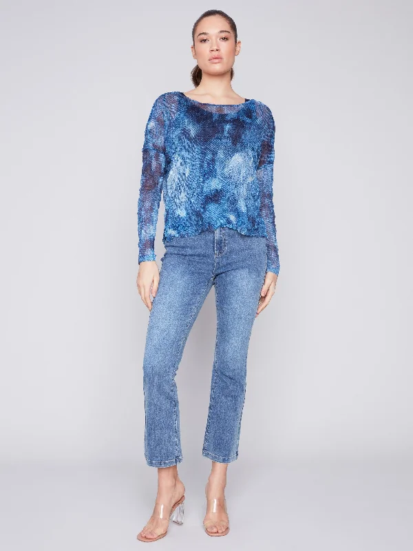 Printed Crinkle Mesh Top - Denim