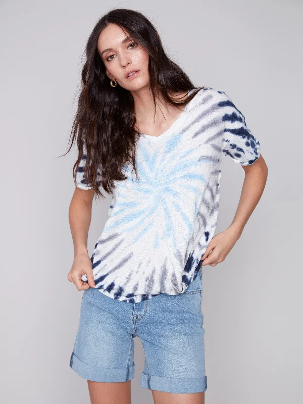 Printed Linen Top with Front Twist Knot - Sky