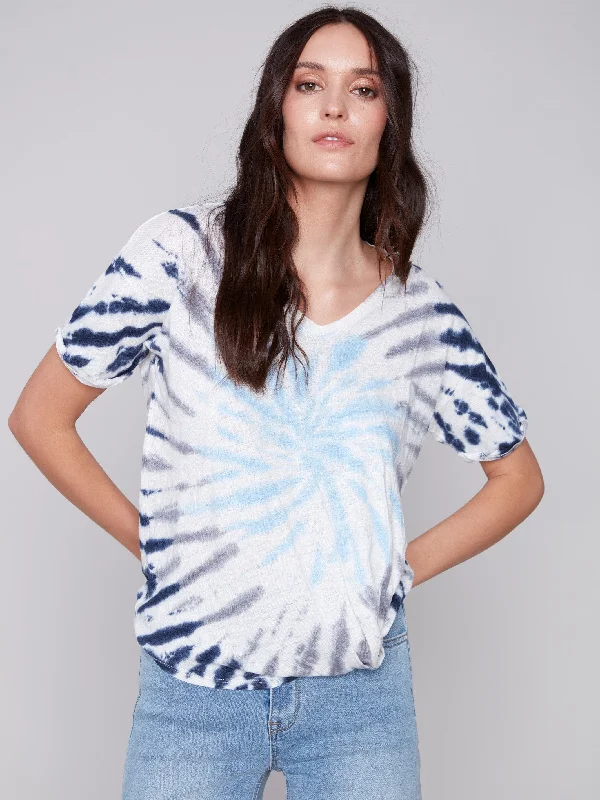 Printed Linen Top with Front Twist Knot - Sky