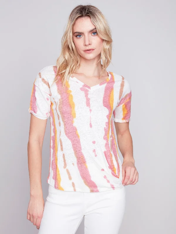 Printed Linen Top with Front Twist Knot - Natural