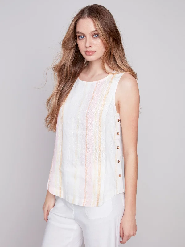 Printed Linen Top with Side Buttons - Tulip