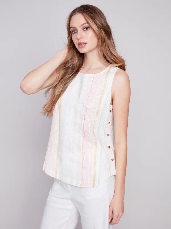 Printed Linen Top with Side Buttons - Tulip