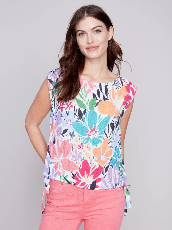 Printed Sleeveless Blouse with Side Ties - Blossom