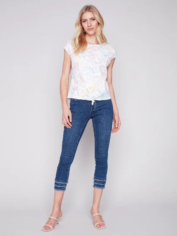 Printed Front Knot Top - Stamps