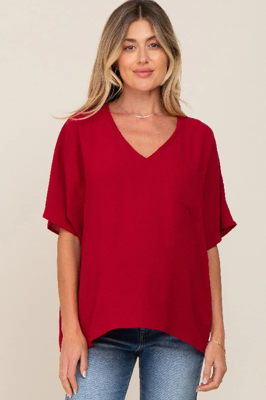 Red Oversized V-Neck Pocket Front Maternity Blouse