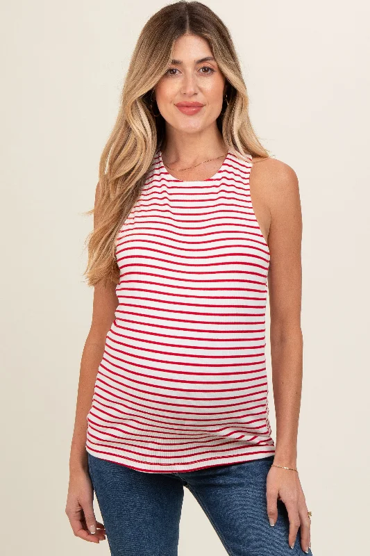 Red Striped High Neckline Maternity Tank