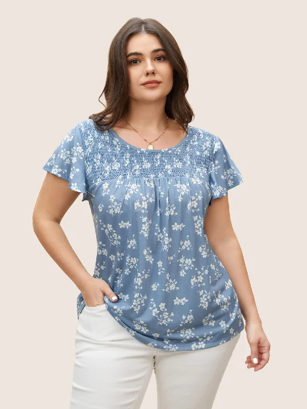 Round Neck Floral Print Shirred T-shirt