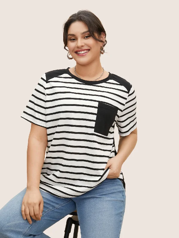 Round Neck Striped Patchwork Patched Pocket T-shirt