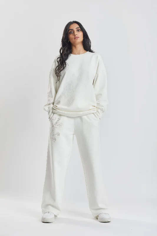 Salix blossom-embroidered cotton sweatshirt - Moonlight White