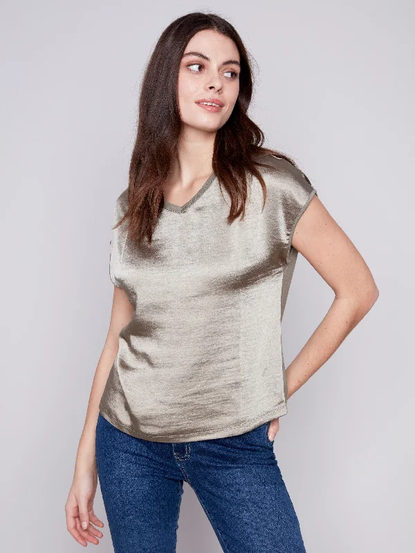 Satin V-Neck Knit Top - Celadon