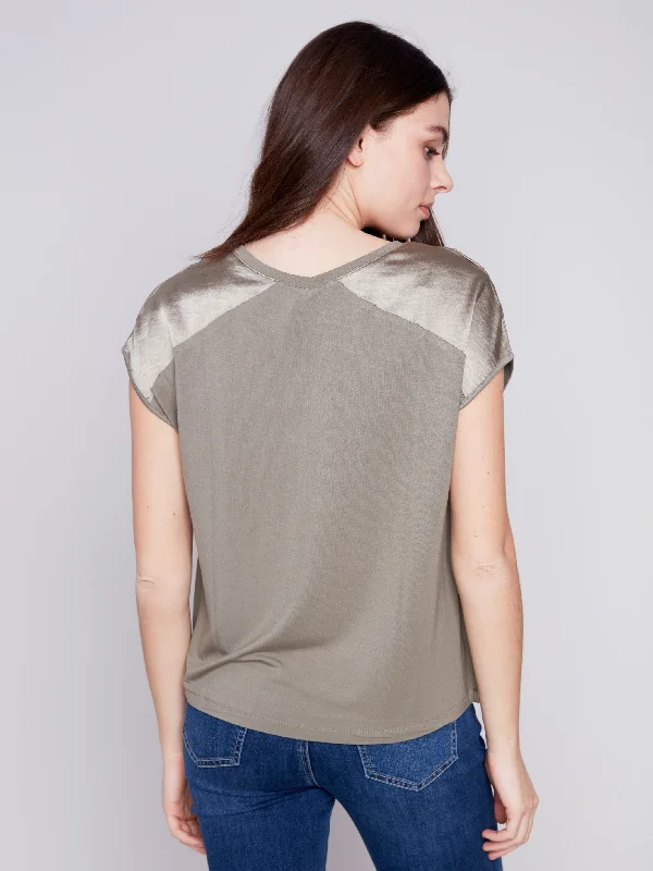 Satin V-Neck Knit Top - Celadon