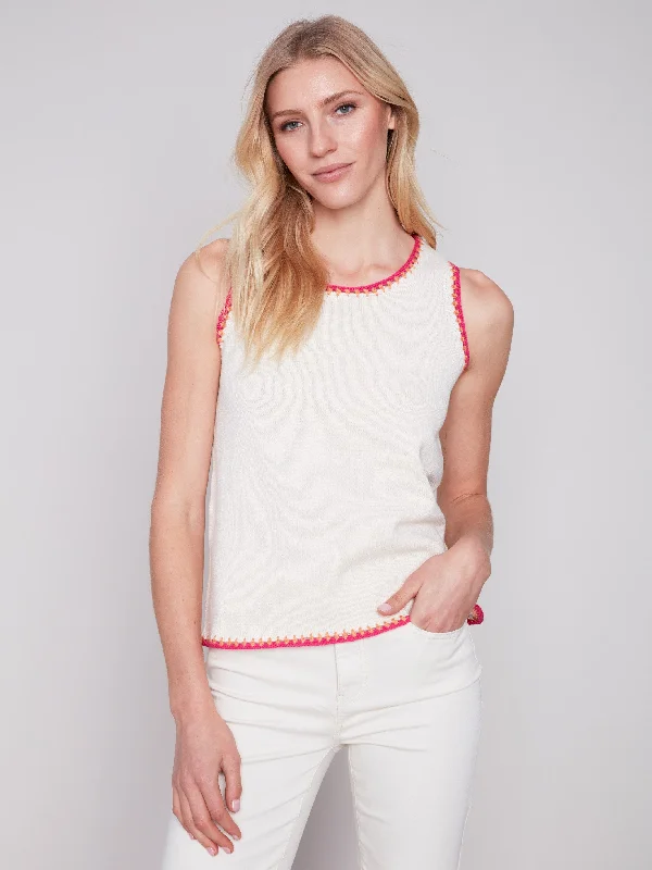 Sleeveless Knit Top with Crochet Detail - Natural