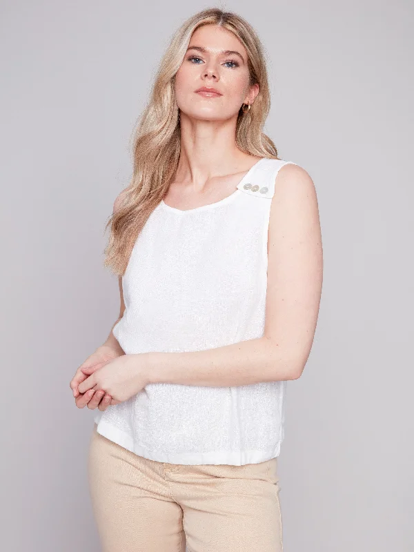 Sleeveless Linen Top with Button Detail - White