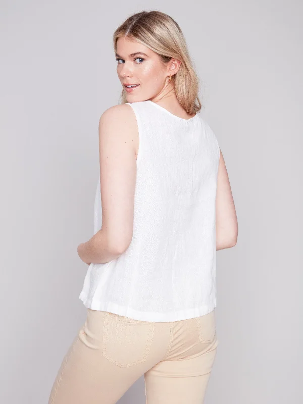 Sleeveless Linen Top with Button Detail - White