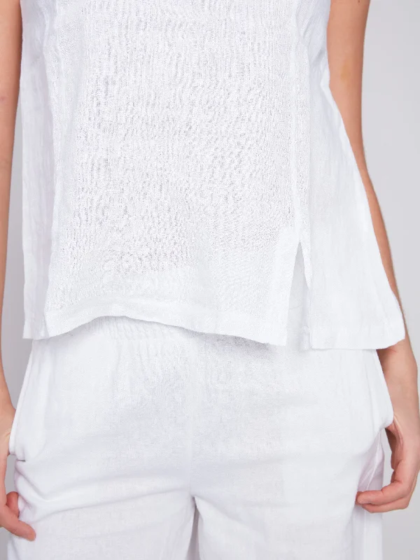 Sleeveless Linen Top with Slit - White