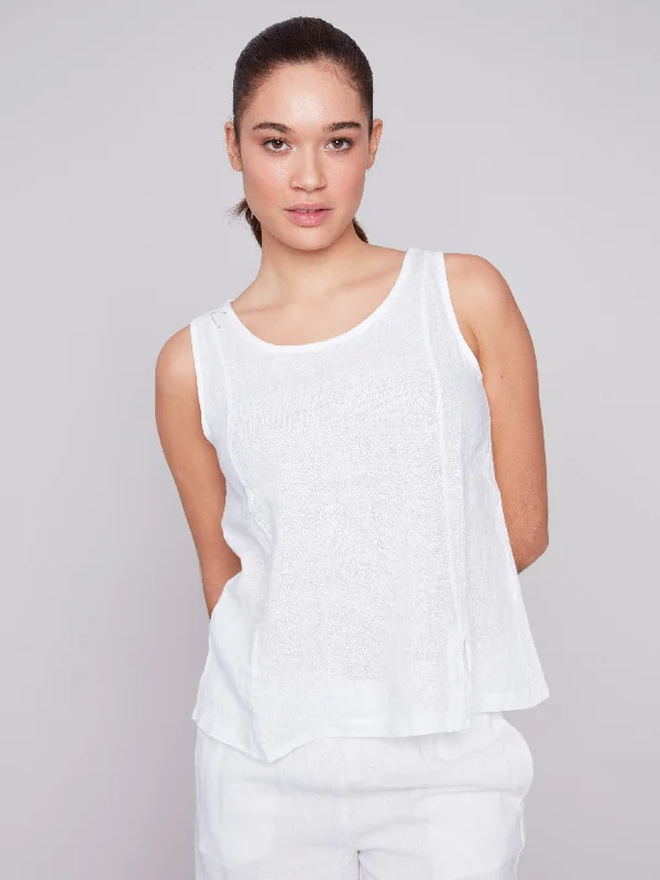 Sleeveless Linen Top with Slit - White