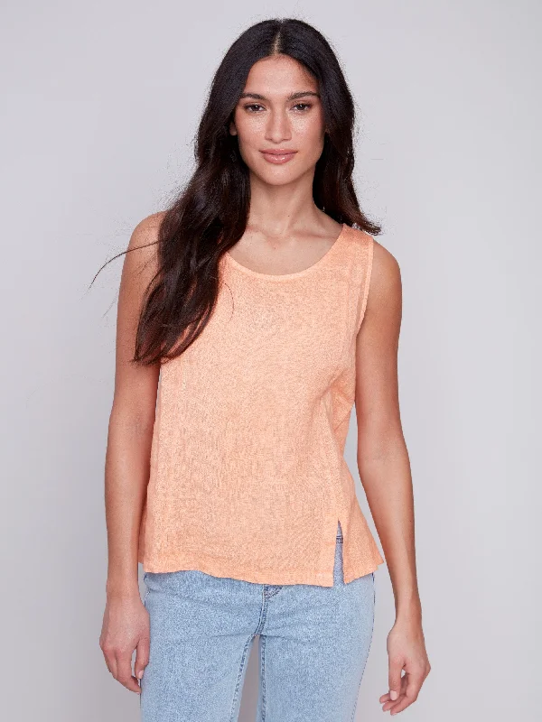 Sleeveless Linen Top with Slit - Tangerine