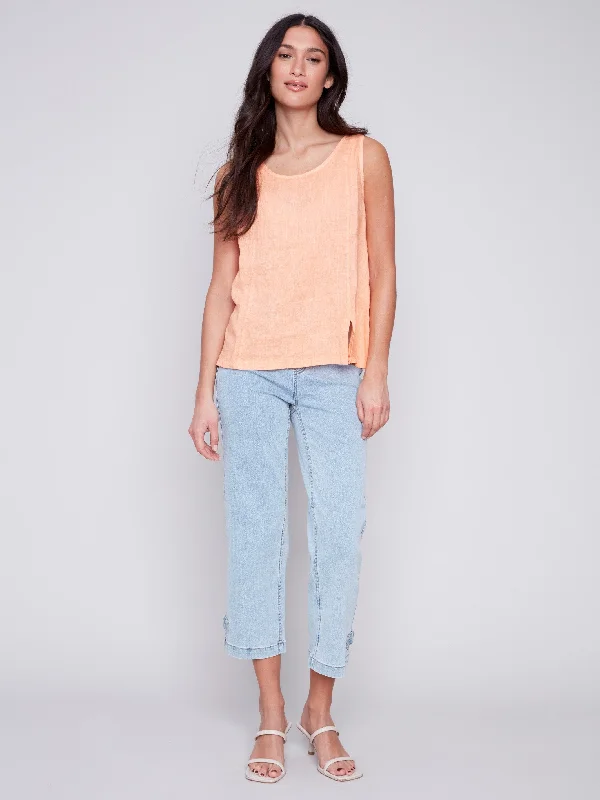 Sleeveless Linen Top with Slit - Tangerine