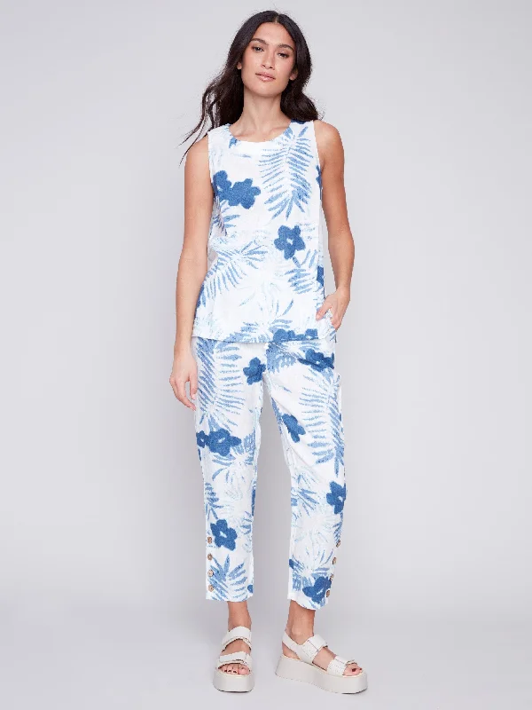 Sleeveless Printed Linen Top - Blue