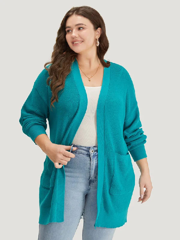 Solid Open Front Patched Pocket Cardigan