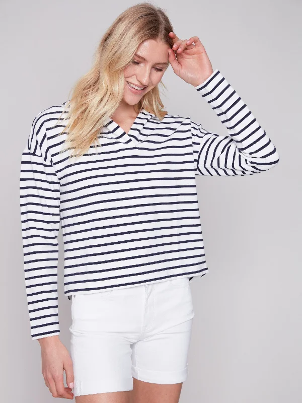 Striped V-Neck Top - Navy