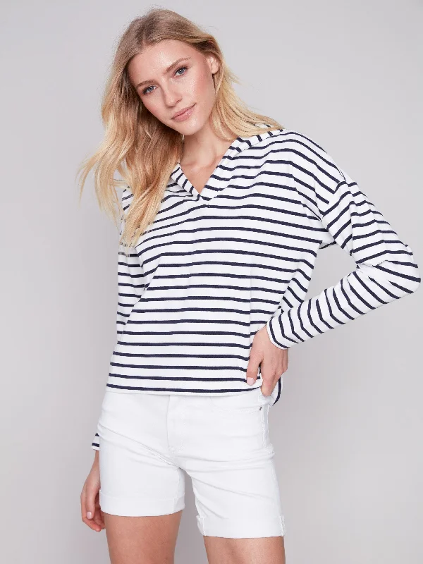 Striped V-Neck Top - Navy