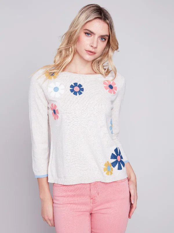 Sweater with Flower Patches - Beige