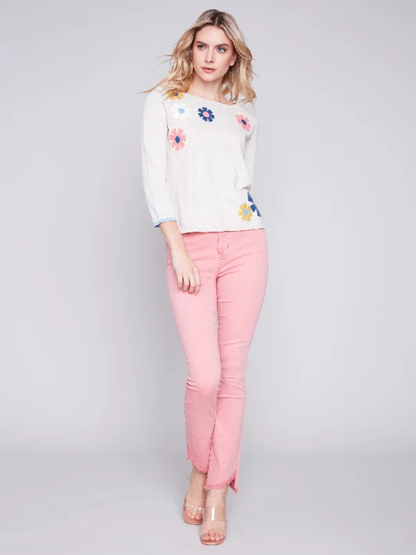 Sweater with Flower Patches - Beige