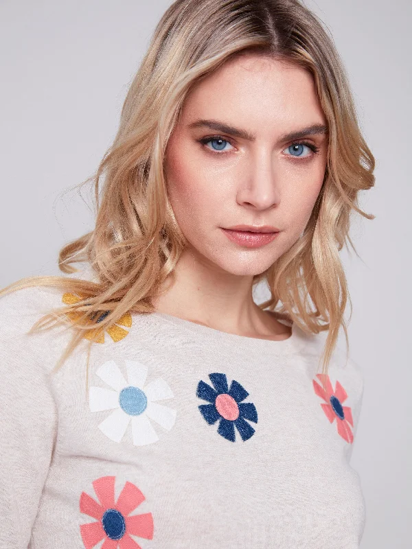 Sweater with Flower Patches - Beige