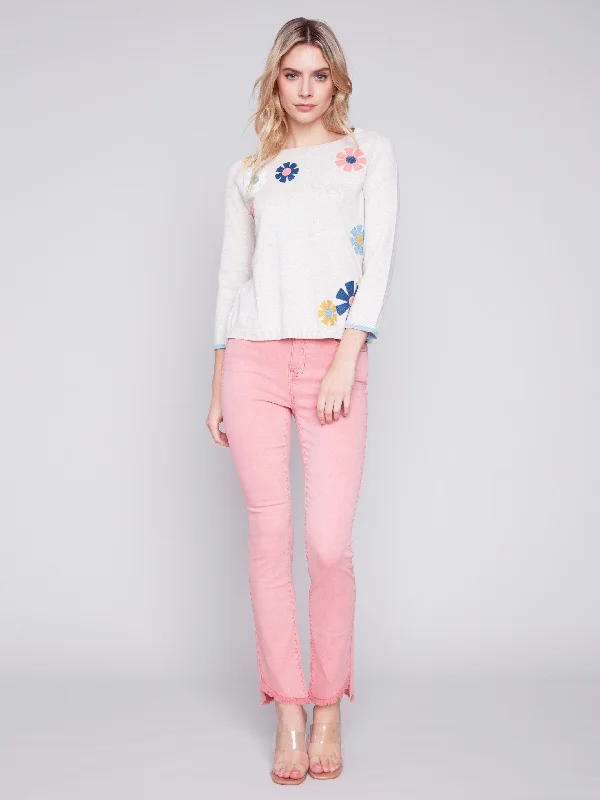 Sweater with Flower Patches - Beige