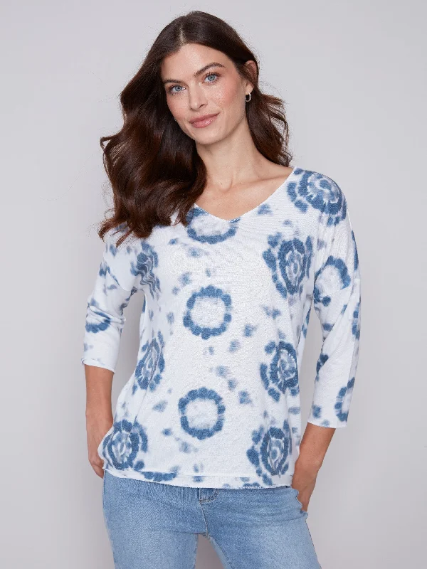 Tie Dye V-Neck Knit Top - Indigo