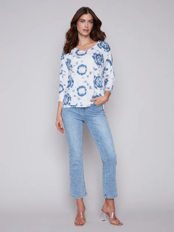 Tie Dye V-Neck Knit Top - Indigo