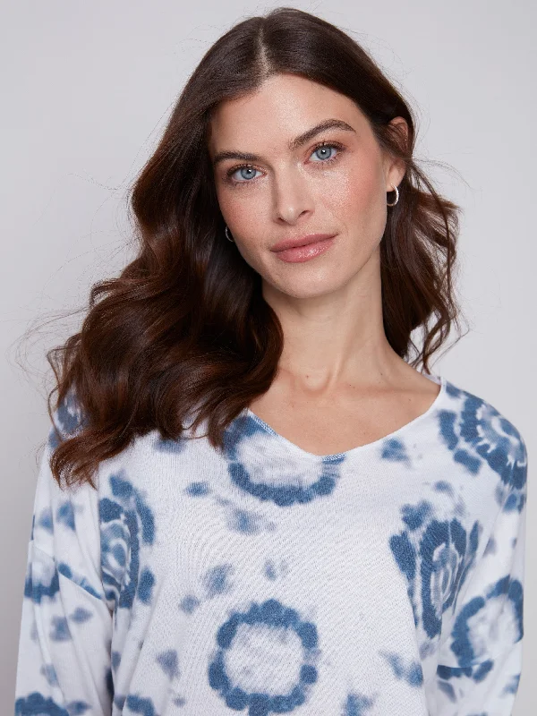 Tie Dye V-Neck Knit Top - Indigo