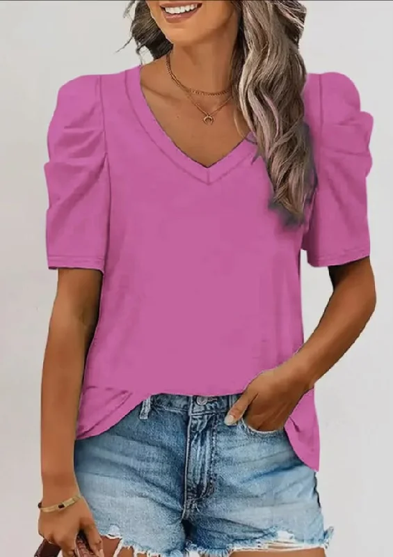 Tops- Pink V- Neck Pleated Puff Sleeves